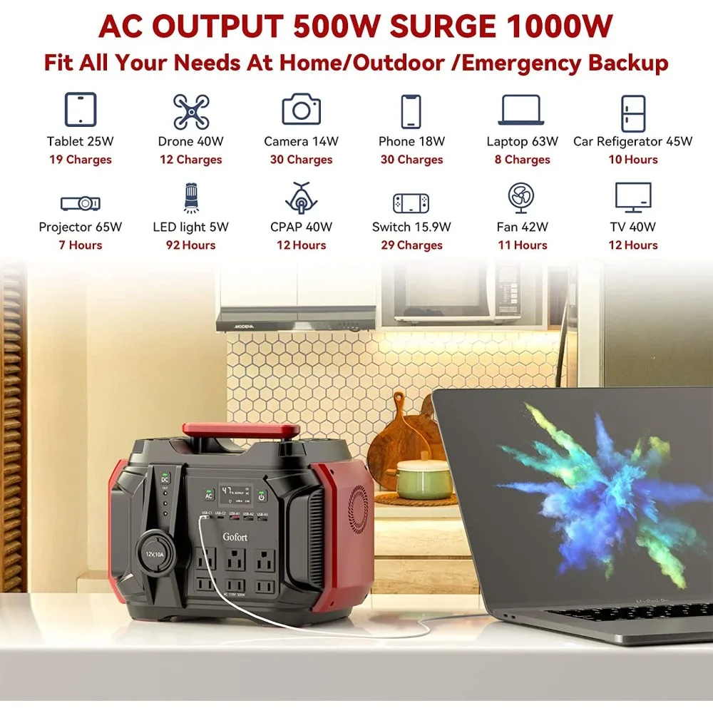 Portable Power Station 540Wh/500W(Peak 1000W) 6 x AC 110V Outlets PD 60W Portable Solar Generator CPAP Battery Power Outage Supplies Emergency Backup Power for Outdoor RV/Van Camping Fishing,Outdoor Energy Camping Travel(Solar panels sold separately) view 7