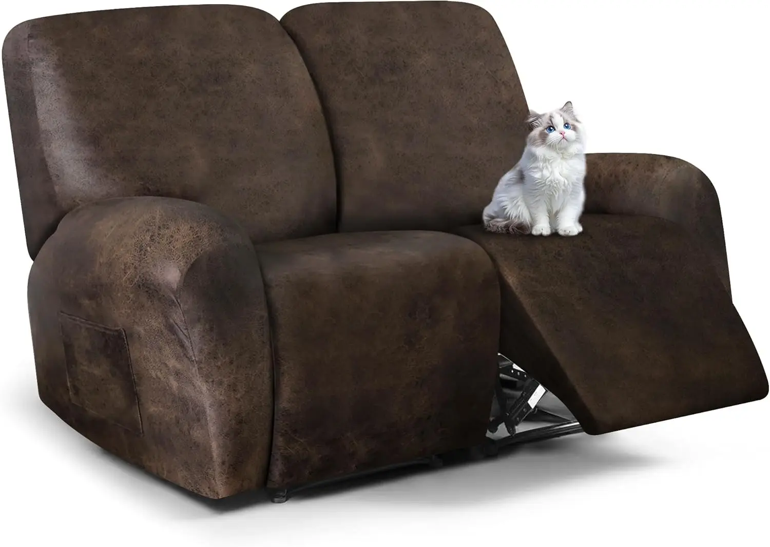 

Stretch Leather-Look Loveseat Recliner Cover, 6-Piece Set for 2-Seater Sofa Protection in Brown