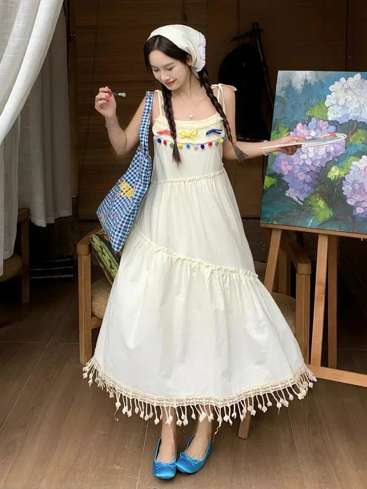 

Seaside Sweety Klein Blue Halter Dress Solid Bow Tassel Decoration Holiday Style Irregular Patchwork Women Summer Trendy Dresses