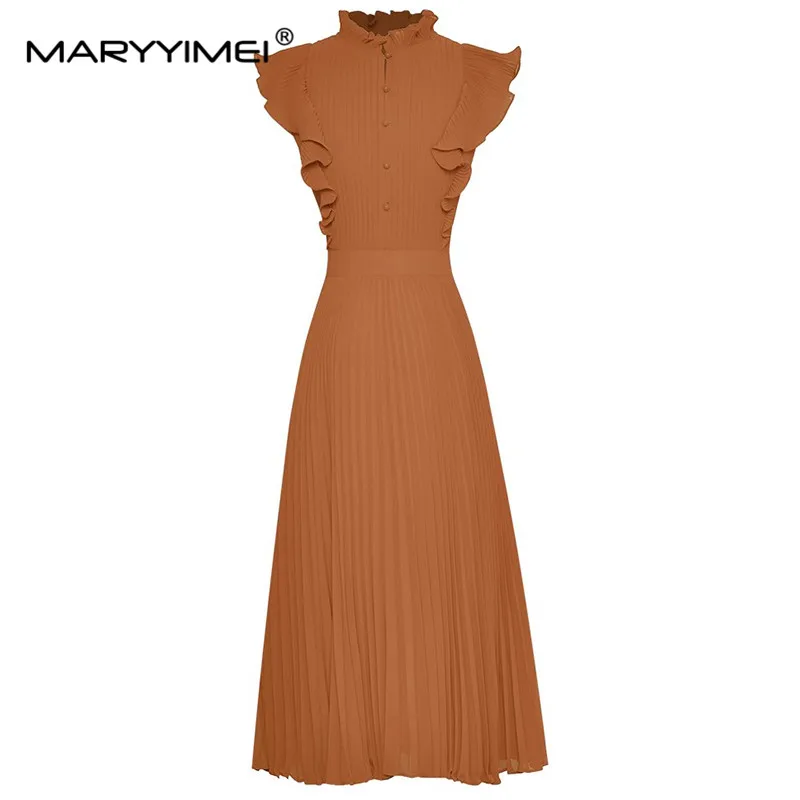 Imagem -06 - Maryyyimei-elegante Vestido Plissado Feminino com Mangas Borboleta Vestidos de Cor Sólida Gola em pé Moda Verão