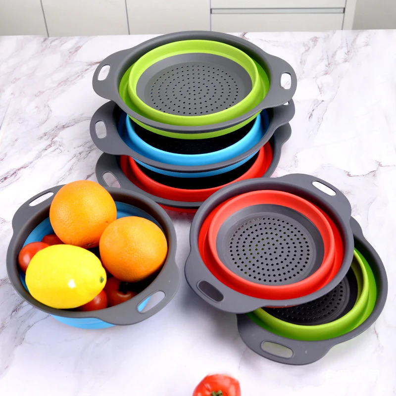 Drain Basket Silicone Vegetable Fruits Washing Drain Basket Folding Colander Strainer Collapsible Drainer Kitchen Tool