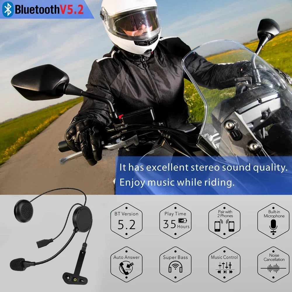 Bluetooth 5.2 Motorcycle Helmet Headset Wireless Handsfree Stereo Music Player Moto Headphone Noise Reduction Earphone With Mic