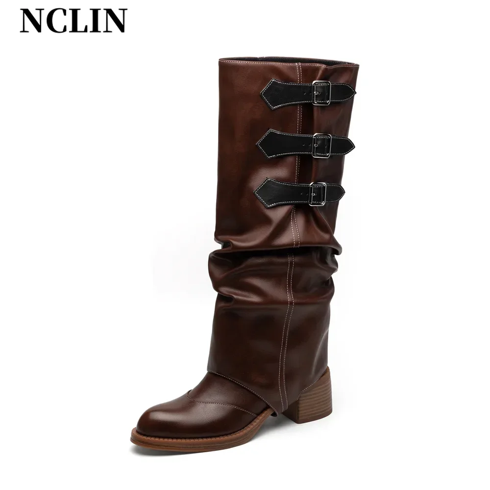 NCLIN Women Knee High Boots Genuine Leather Buckles Long Motorcycle Boots Warm Punk Sexy Party Shoes High Motorcycle Boots