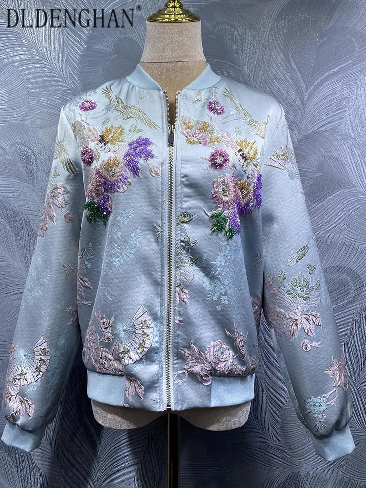 

DLDENGHAN Sequins Beading Jacquard Jacket For Women O-Neck Long-Sleeved Pockets High Street Jacket Early Autumn Fashion Females