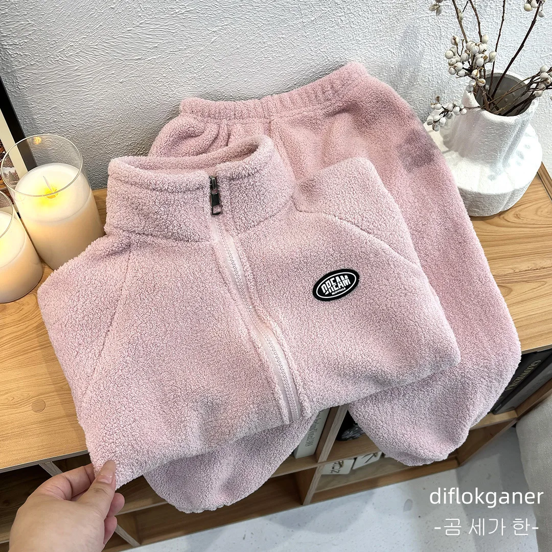 Autumn Winter Boys Girls Clothing Set Letter Print Double Sided Fleece Thick Zipper Coat+Pants 2Pcs For 2-10Y Kids Casual Suit