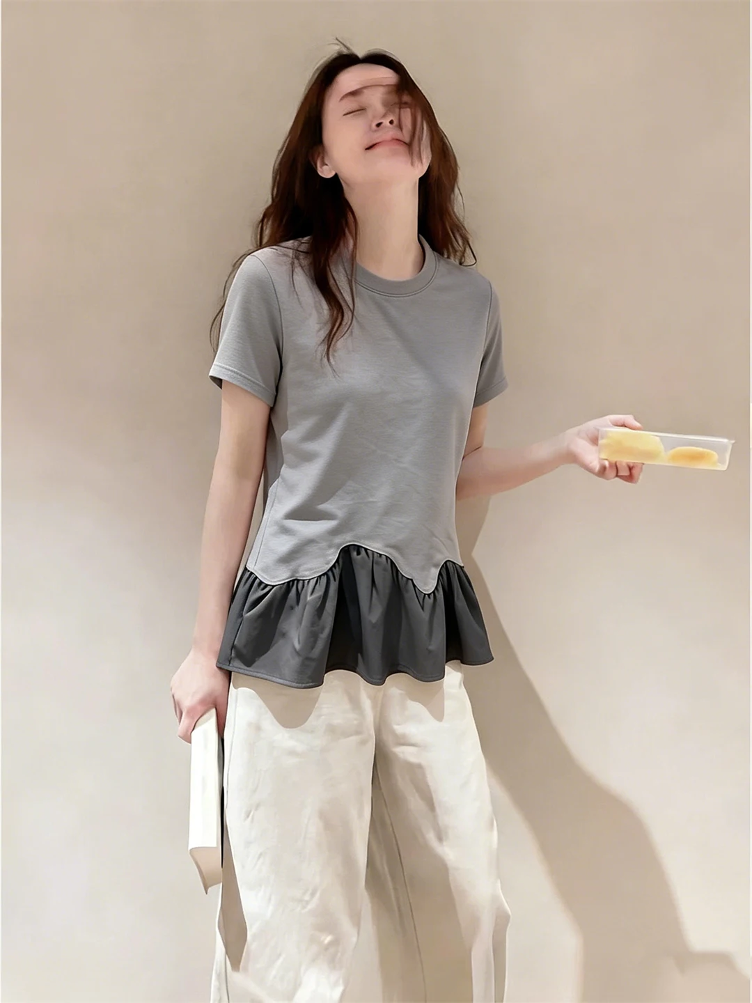 

Summer Pure Color Versatile Commute Short Sleeve T-Shirt Unique Beautiful Lace Hem Design Sensation Top Women's Fashion
