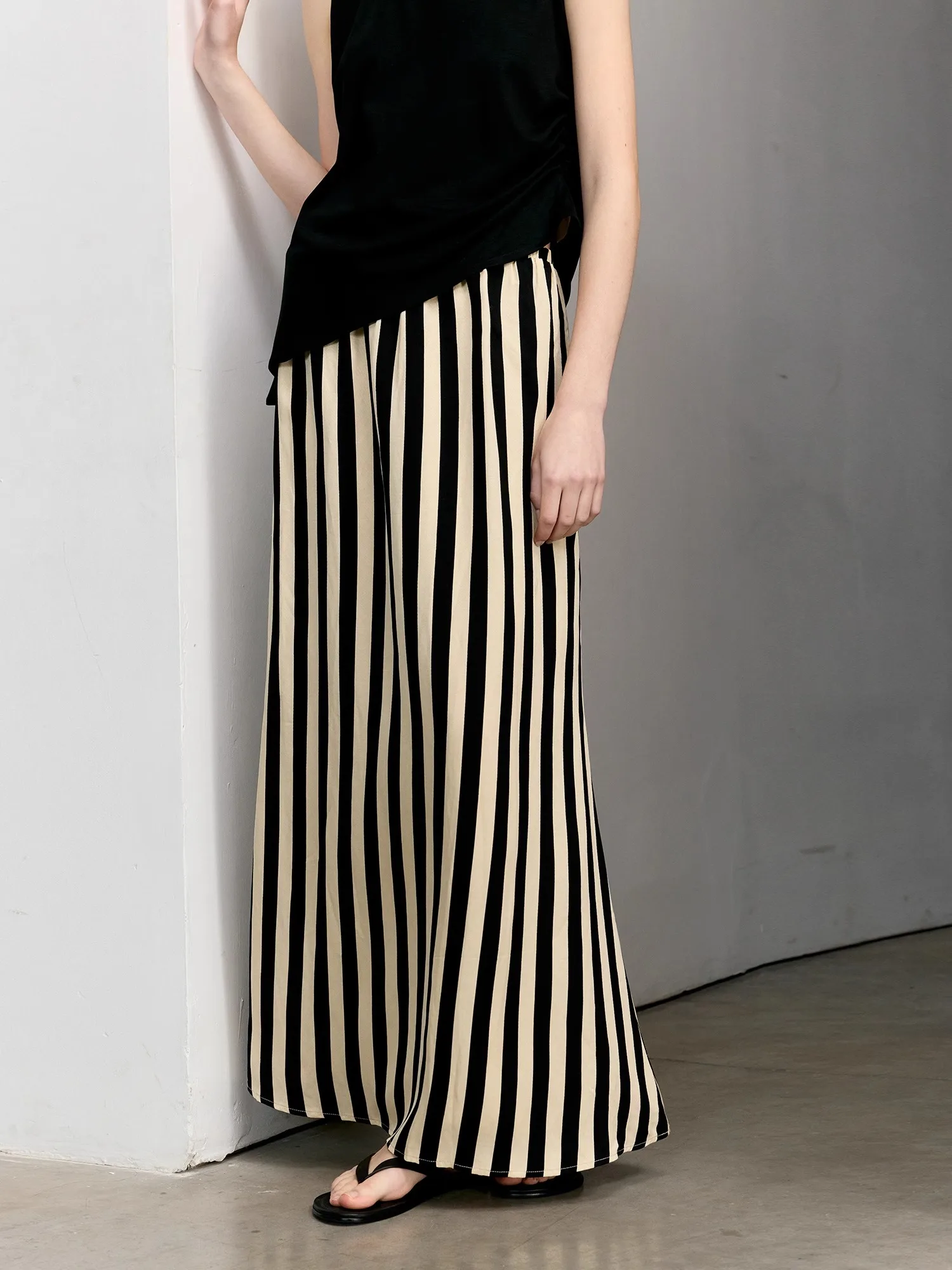 

High Waist Straight Stripe Satin Feel f Skirt Mixed Silk Hemp A-Line Gown Vintage Commute Long Skirt