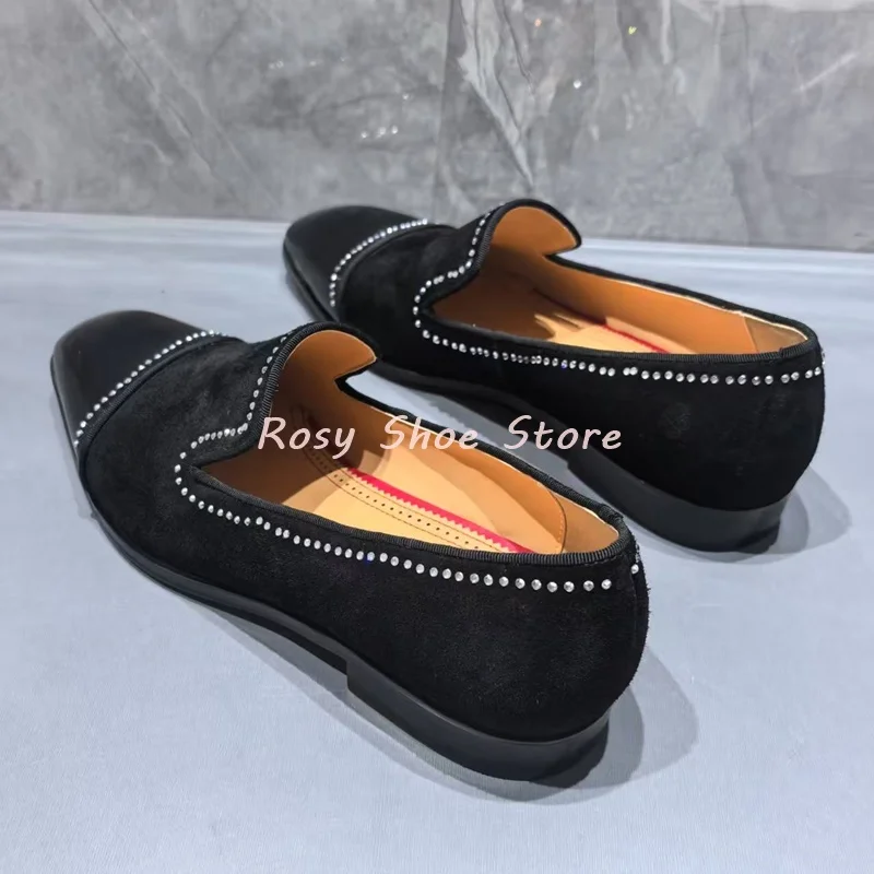 Men's Black Patent Suede Splicing Diamond Embellished Loafers Trendy Men's Formal Leather Shoe Casual Business Shoe Wedding Shoe