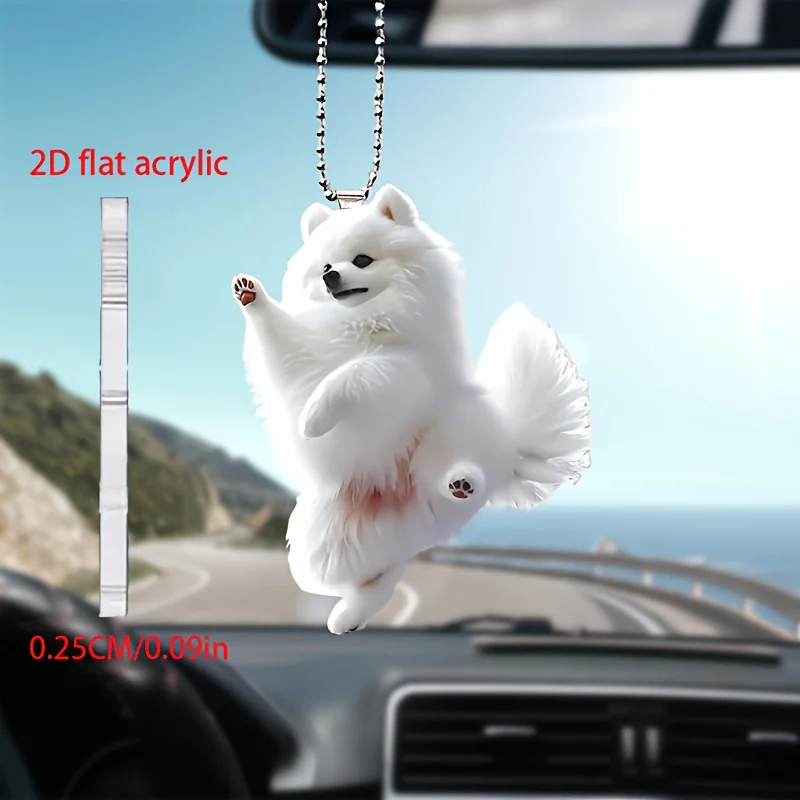 Cute White Pomeranian Dog Running Dancing 2D Acrylic Pendant Car Rearview Mirror Backpack Keychain Pet Accessory Dog Lover Gifts
