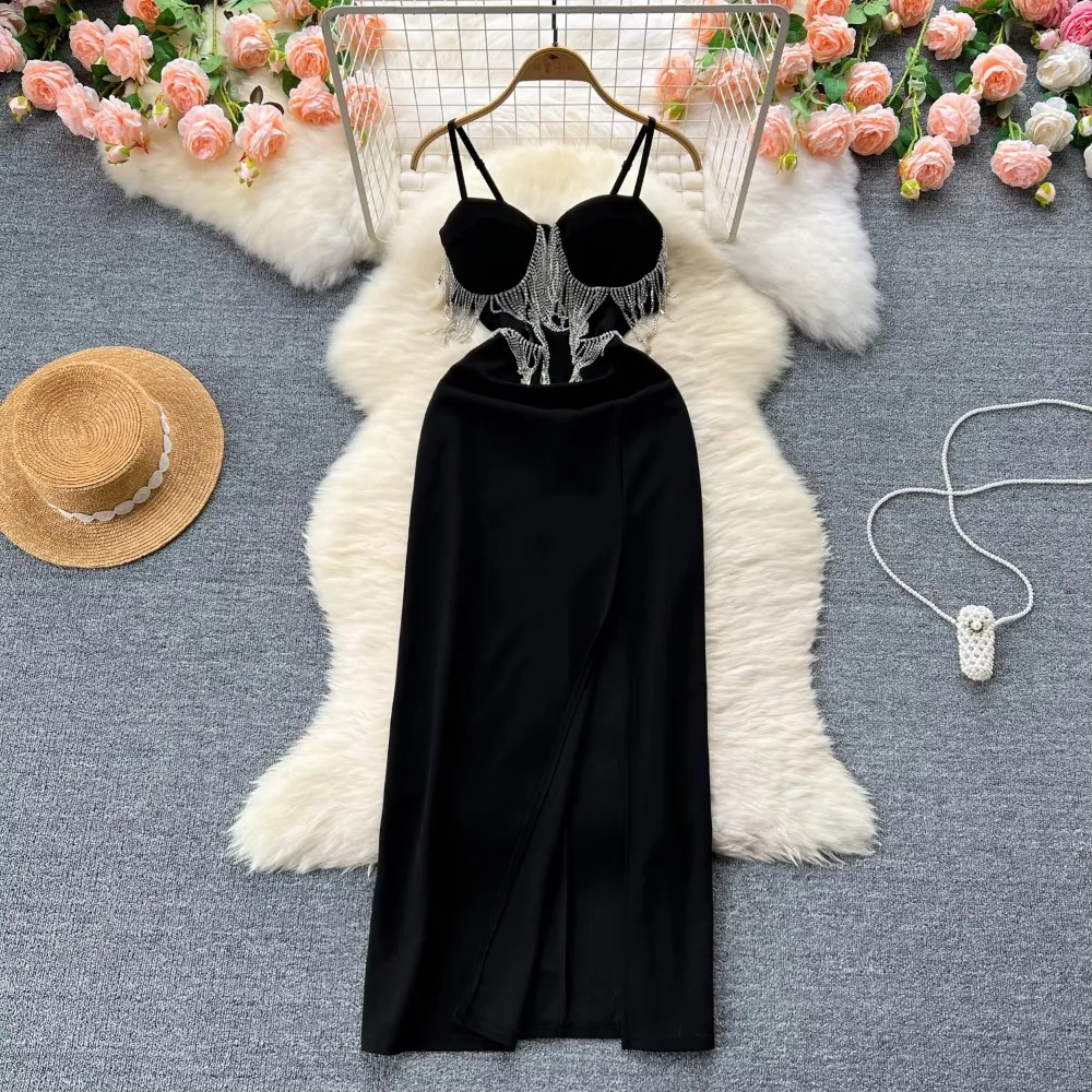 Sexy Off Shoulder Rhinestone Chain Tassels Backless Slip Dresses Chic Evening Party Club Fashion Summer Women Split Clothing