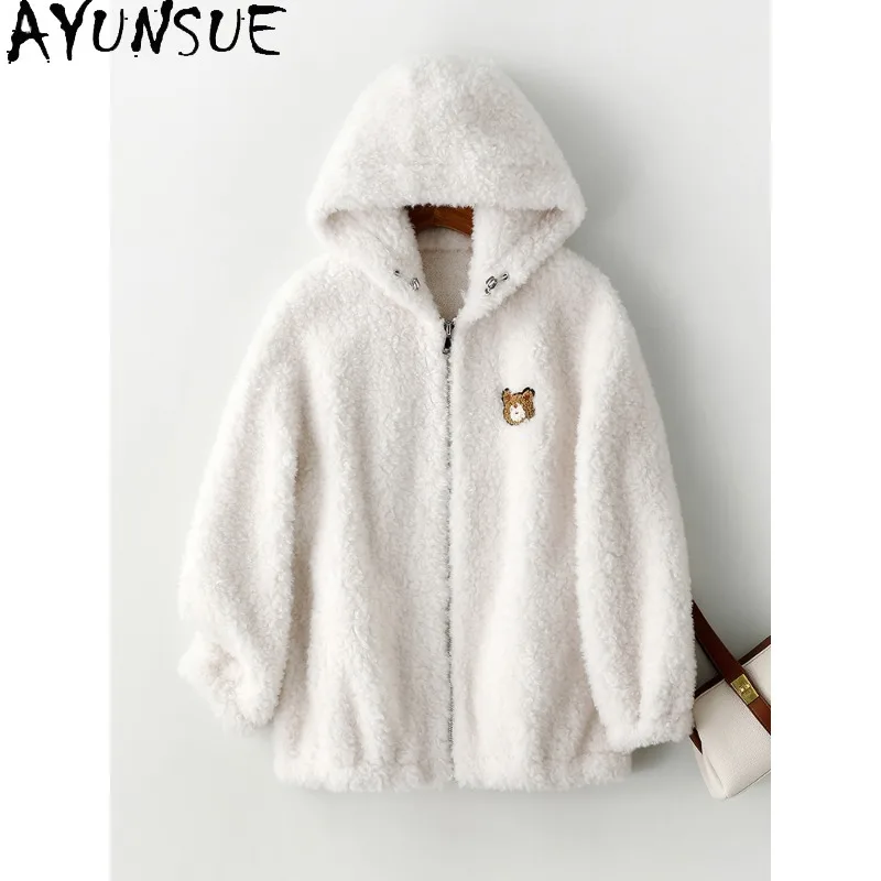 

AYUNSUE 100% Natural Wool Coat for Woman 2025 Woman Winter Clothes Casual Lamb Wool Coats Clothing for Woman Damen Winterjacke
