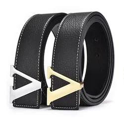 2024 Business Luxury Designer Brand V Buckle Belt Men High Quality Women Genuine Real Leather Dress Strap for Jeans Waistband