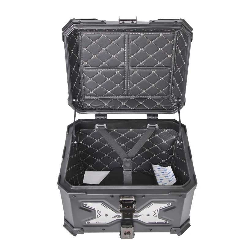 

45L Motorbike Black Tail Box Trunk Tour Storage Carrier Case With Backrest, Security Lock And Handle For Helmet Luggage