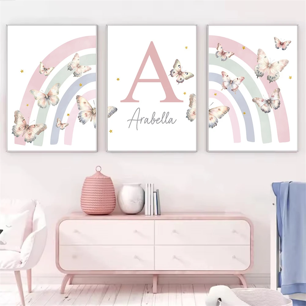 

Custom Baby Name Wall Art Posters Cartoon Pink Rainbow Canvas Painting Butterfly Print Nursery Wall Pictures For Kids Room Decor