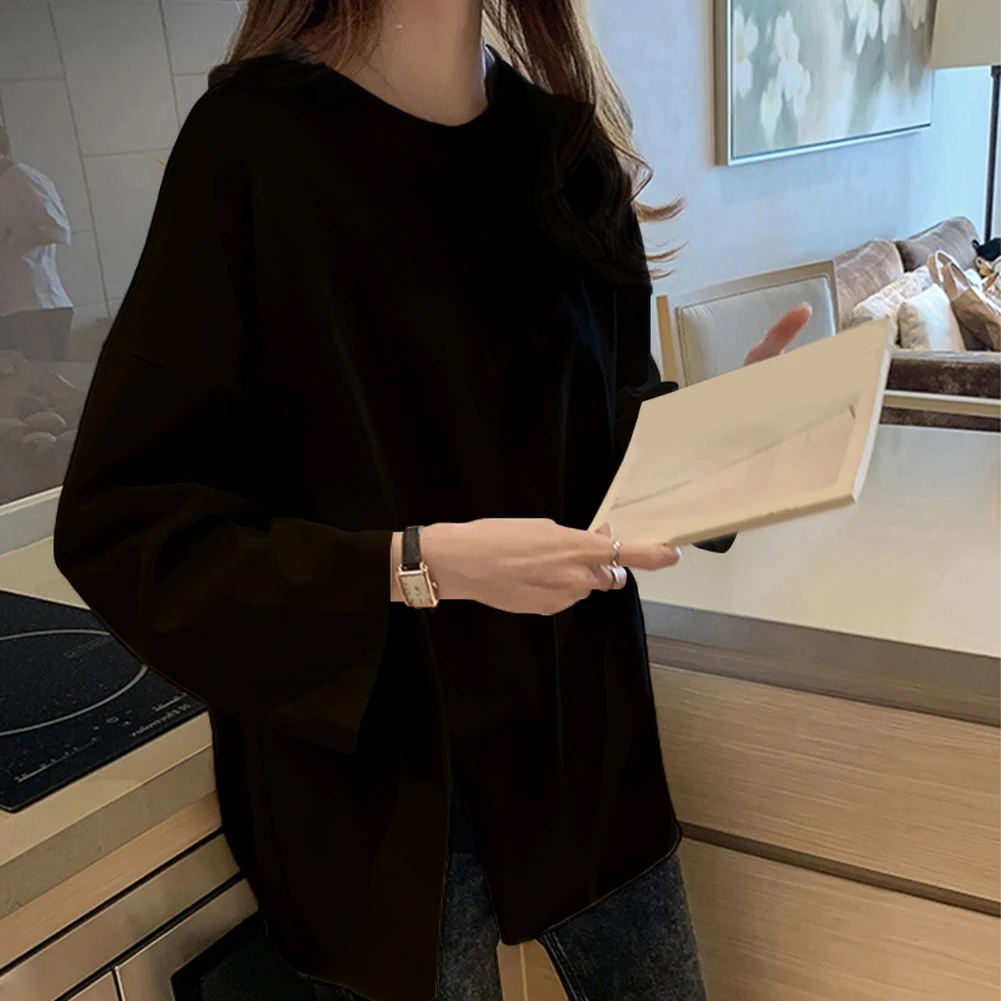 

Casual Womens Solid Color Long Sleeve Loose Fit Top Round Neck Side Slit Suitable for Holiday Vacation Daily Use