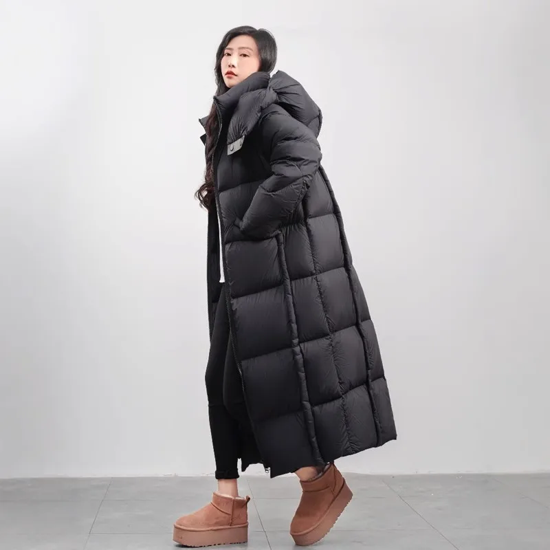 2025 New Winter Long White goose down Coat Women's Black Thicken Puff Loose Fluffy Jacket Female Hooded Warm Parka Down Overcoat