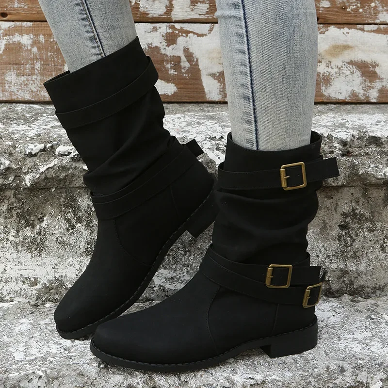 Botas de comprimento médio para outono e inverno 2024, novas botas confortáveis de comprimento médio com bico redondo e fundo plano feminino