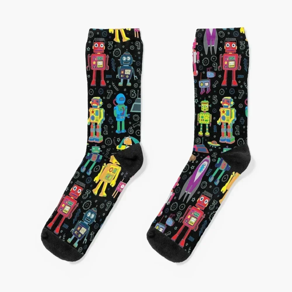 

Robots in Space - black - fun pattern by Cecca Designs Socks christmas gifts Run Socks For Girls Men's