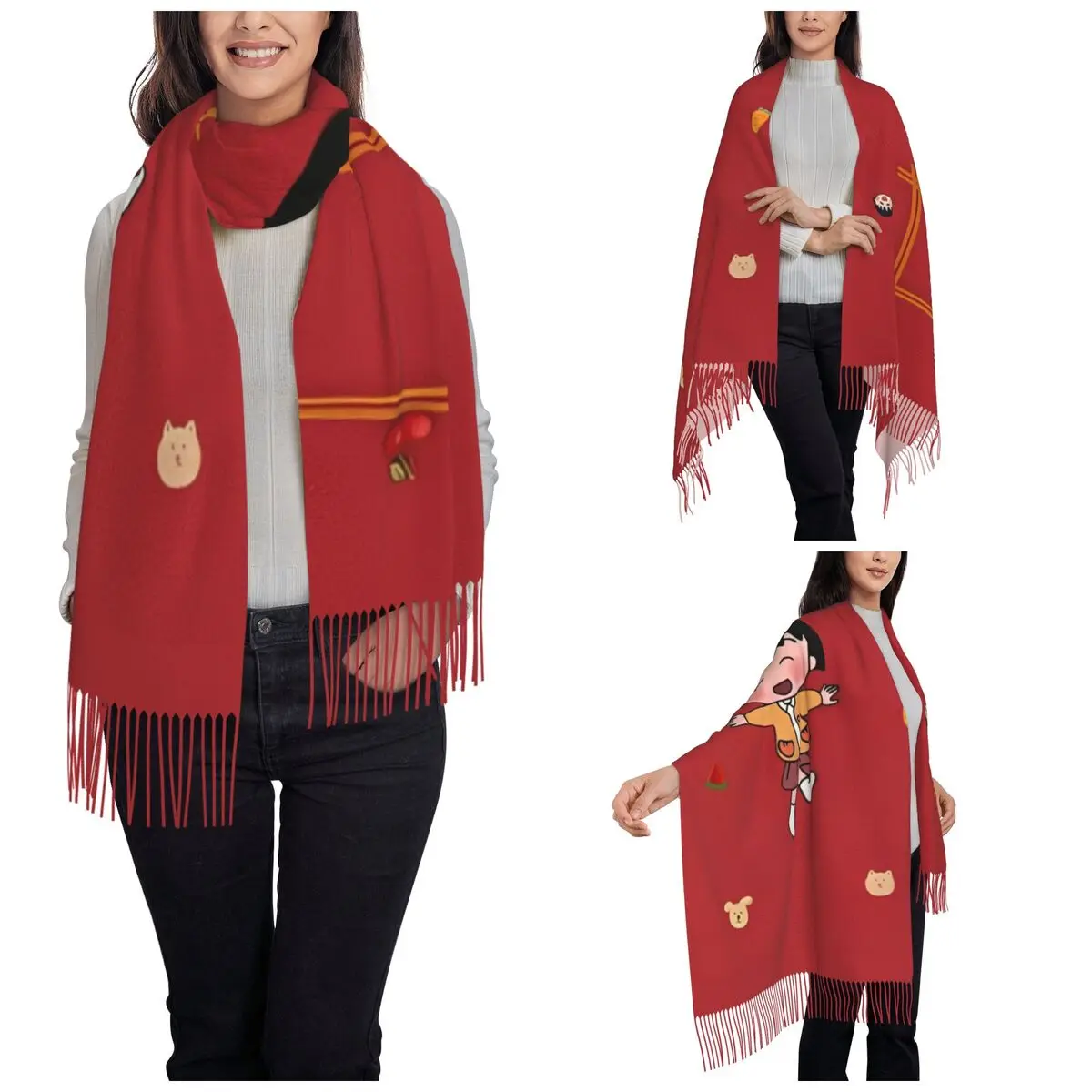 Womens Scarf with Tassel Chibi Maruko Chan Long Soft Warm Shawl Wrap Christmas Daily Wear Cashmere Scarf