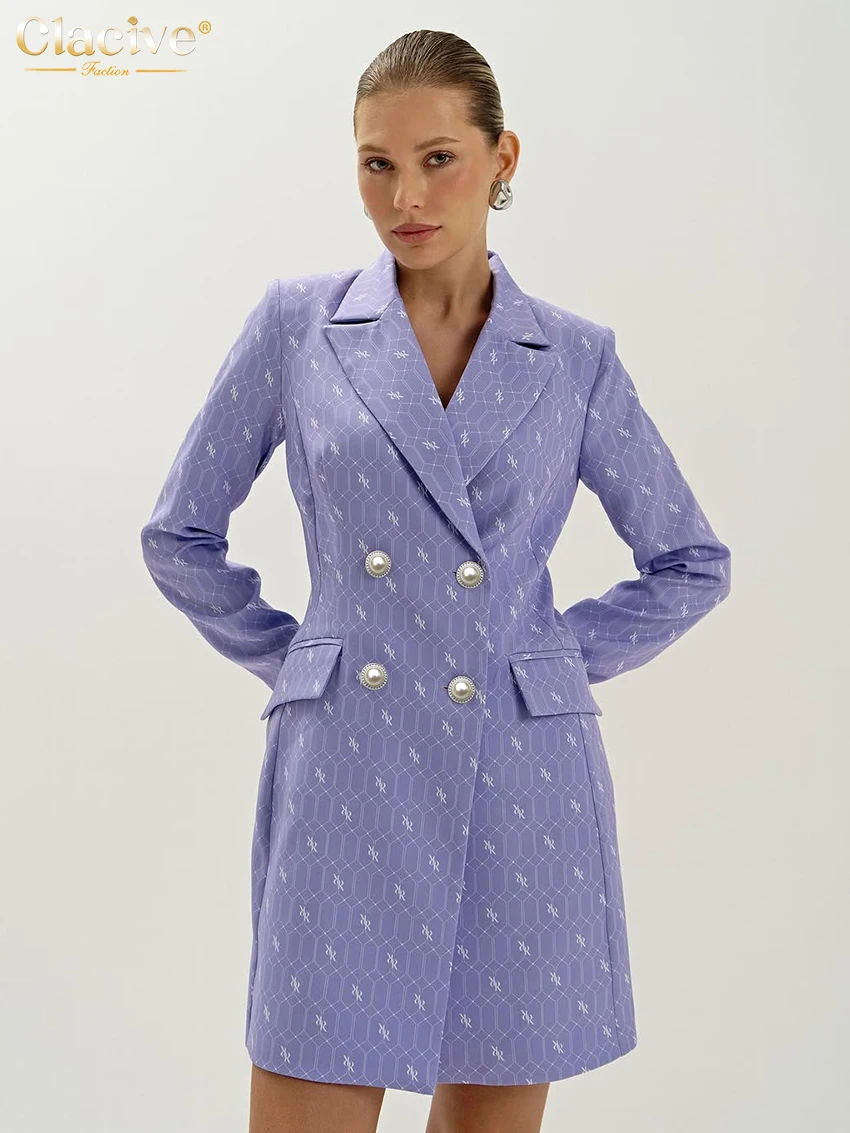 

Clacive Fashion Loose Purple Office Women's Dress 2025 Casual Lapel Long Sleeve Mini Dresses Elegant Classic Solid Female Dress