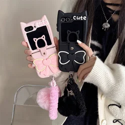 Cute Bowknot Phone Case For Samsung Galaxy Z Flip 6 5 4 3 Cover with Cat Ring Plush Hand Strap Silicone Cases For Z Flip4 Flip6