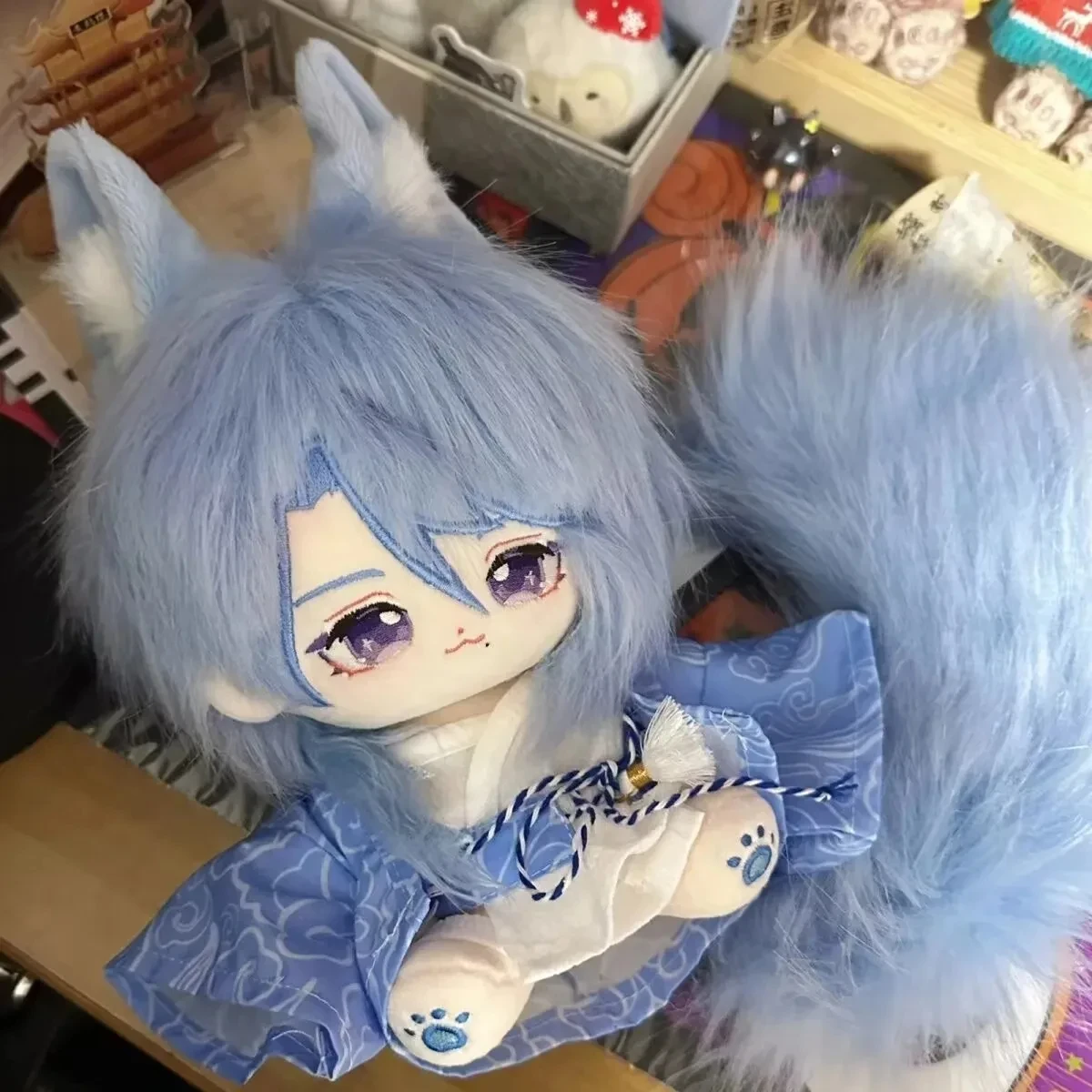 Anime Genshin Impact Kamisato Ayato Cosplay 20cm Soft Plush Cotton Stuffed Doll Body With Animal Ear Tail Dress Up Plushie Toys