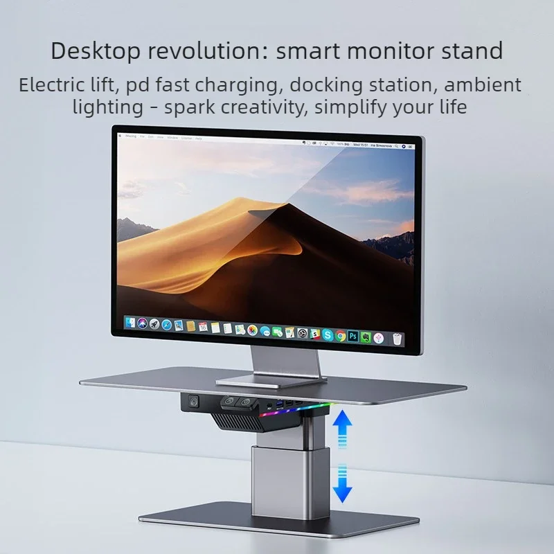 Aluminum Monitor Riser Electric Lifting Desktop Bracket with USB Hub Gaming Desk Organizer Ergonomic Storage Holders for Office