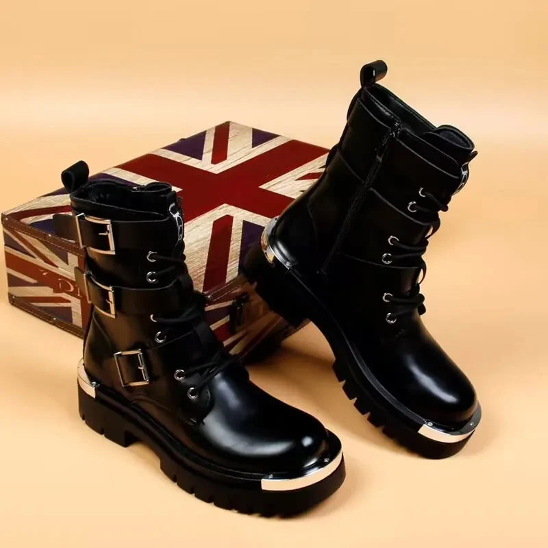 

Men's Punk Platform Metal Buckle Side Ziper Boots Black Leather Thick Sole British Ankle Boots Gothic Biker Shoes for Winter