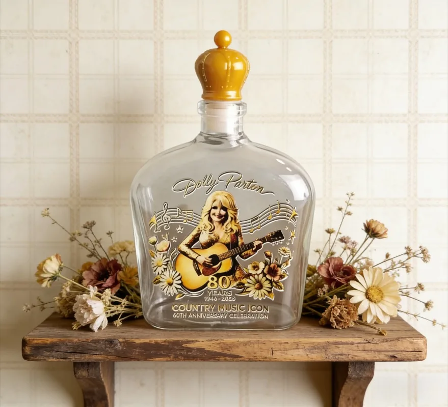 Dolly Parton Premium Country Music Themed Whiskey Decanter, Handcrafted Clear Glass Liquor Bottle with Guitar & Floral Relief view 3