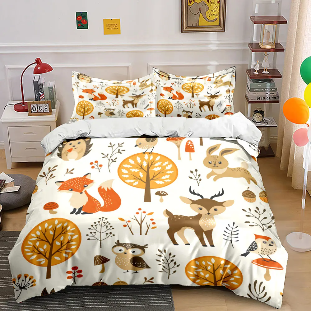Forest animals and autumn plants illustration Bedding Set 1 Duvet Cover 2 Pillowcases for Adult Children Luxury Gift Full Size