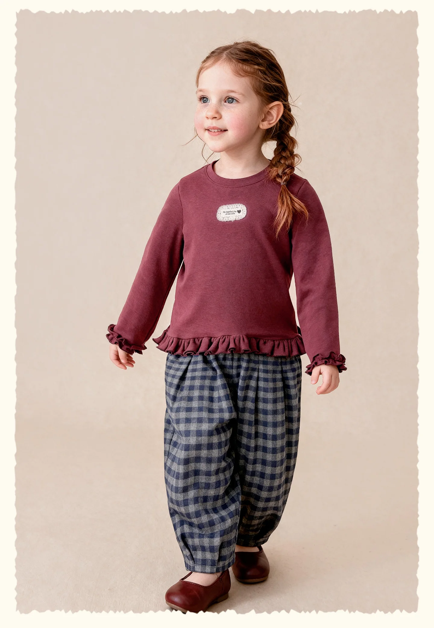 Amila 2026 Herbst Neues Kinder-T-Shirt mit Rundhalsausschnitt, gestapelten Rüschen, Spitze, Stoffetikett, modisch, lässig, bequem, für den täglichen Gebrauch, langärmelig. – Detail 13