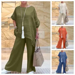 Two Piece Set Women 2023 Autumn Solid Tops Round Neck Long Sleeve Shirts Suit Ladies Loose Leisure Wide Leg Pants Sporty