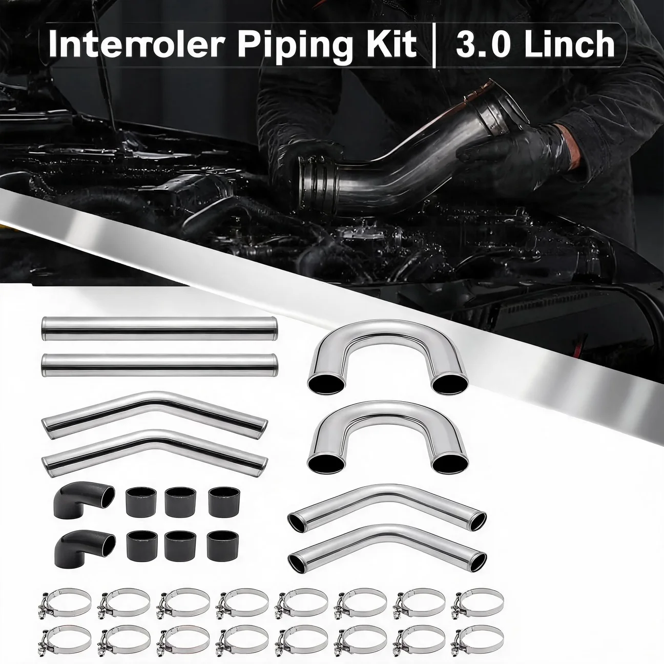 3 Inch Universal 8pcs Intercooler Piping Aluminum Intercooler Pipe Kit with T-Bolt Hose Clamps & Silicone Coupler for Auto Car