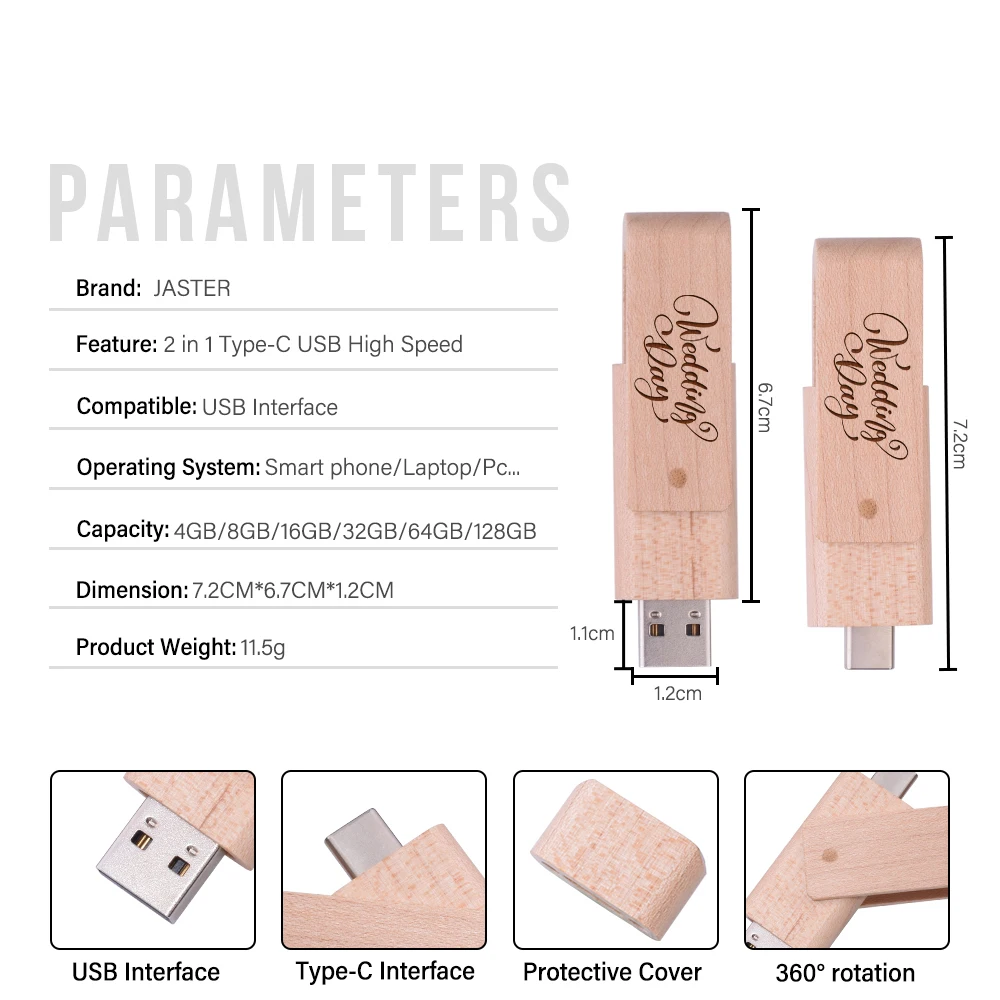 JASTER Free Custom Logo TYPE-C USB 3.0 Flash Drive 128GB  Wooden Rotating USB-C Memory Stick 64GB Business Gift Pen Drive 32GB