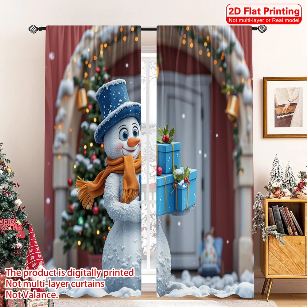 

2pcs 2D flat printing Christmas Window Curtains Cute Snowman Christmas Gifts 100% Polyester Fabric Without Electricity Festive