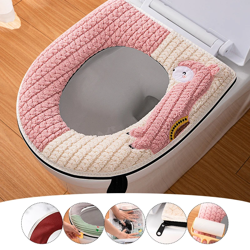 Toilet Mat Zipper Toilet Seat Cushion Soft Closestool Bathroom Plush Embroidered Four Seasons Universal Toilet Seat Pu Cover