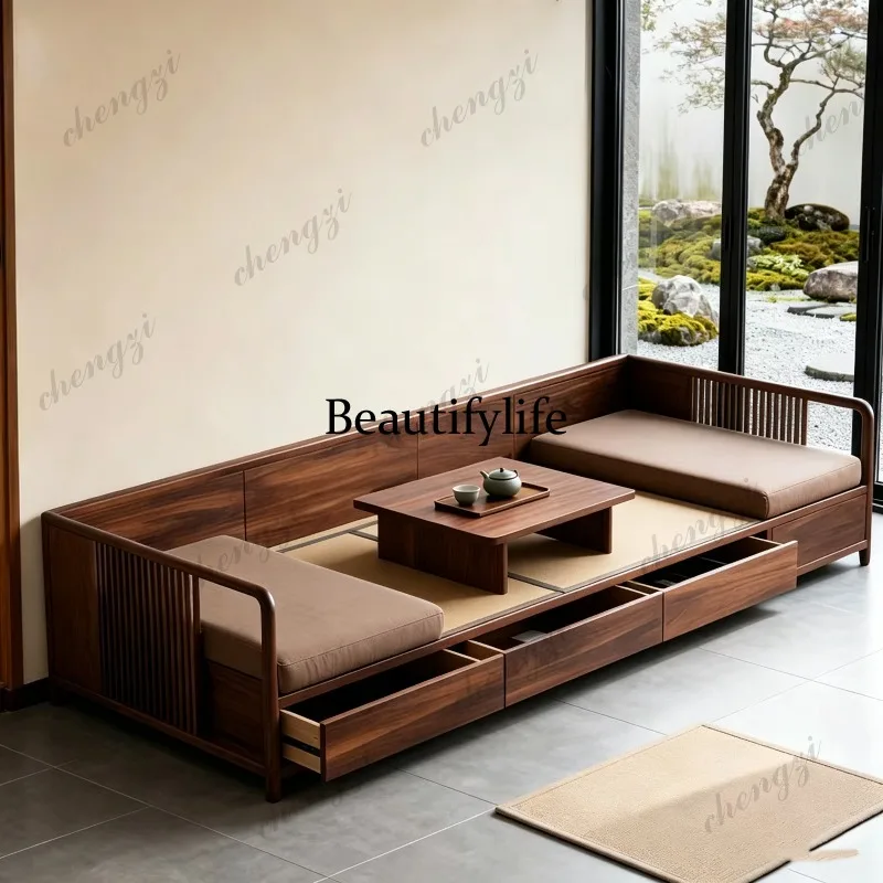 New Chinese black walnut push-pull storage Arhat bed solid wood bed tea room with drawer bed