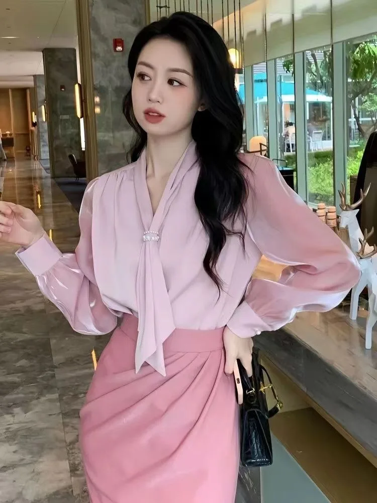 Light Pink Short Skirt Set Single Breasted Top Shirt Blouse 2-piece Suit Elegant High-end Office Lady Women's Clothing Spring