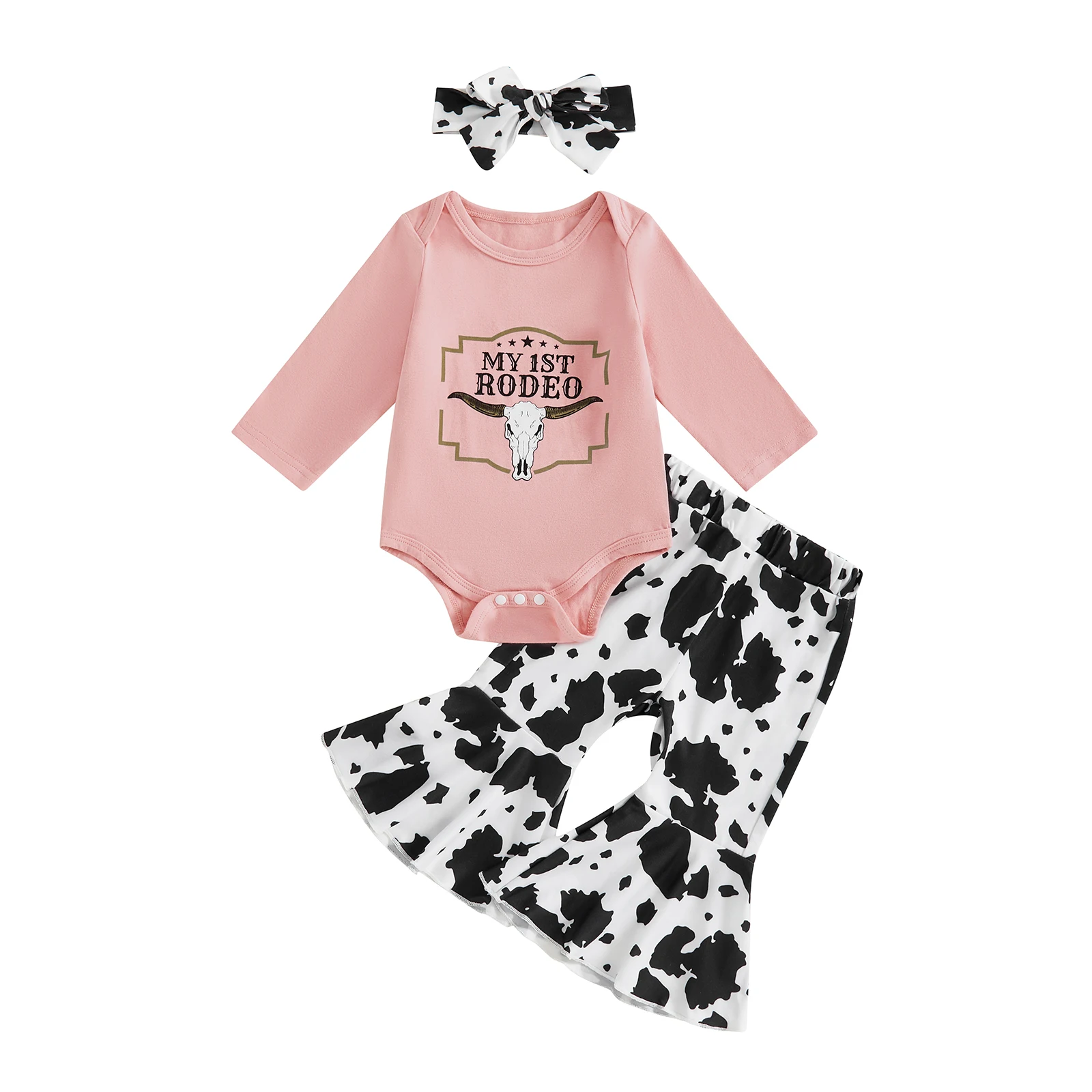 

Baby Girls Fall Outfit, Long Sleeve Bull Head Print Romper with Cow Pattern Flare Pants and Headband Clothing Set