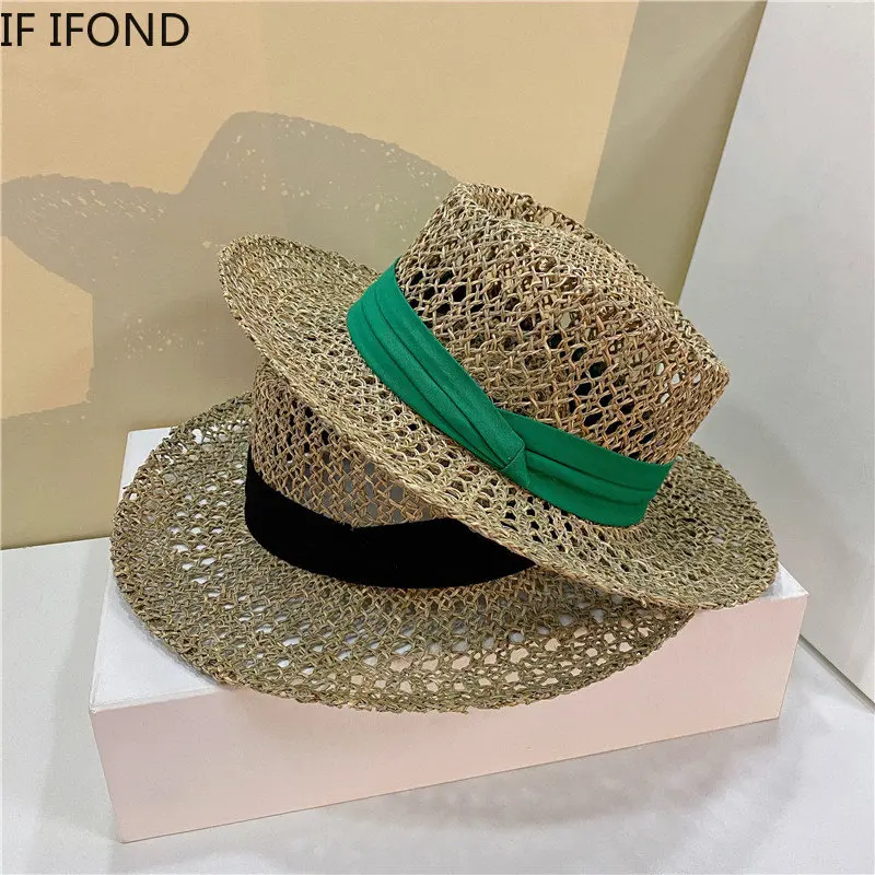 New Natural Grasses Straw Hats For Women Summer Flat Brim Beach Sun Hats Fashion Hollow Holiday Cap Chapeau Femme