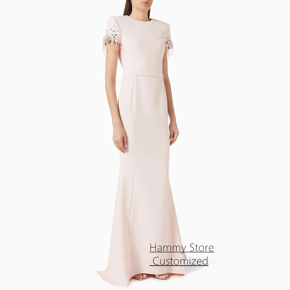 

Modern Evening Dress Short Sleeves Customized Round Neck Beading Sequined Sweep Train Mermaid Prom Gown Party Dresses