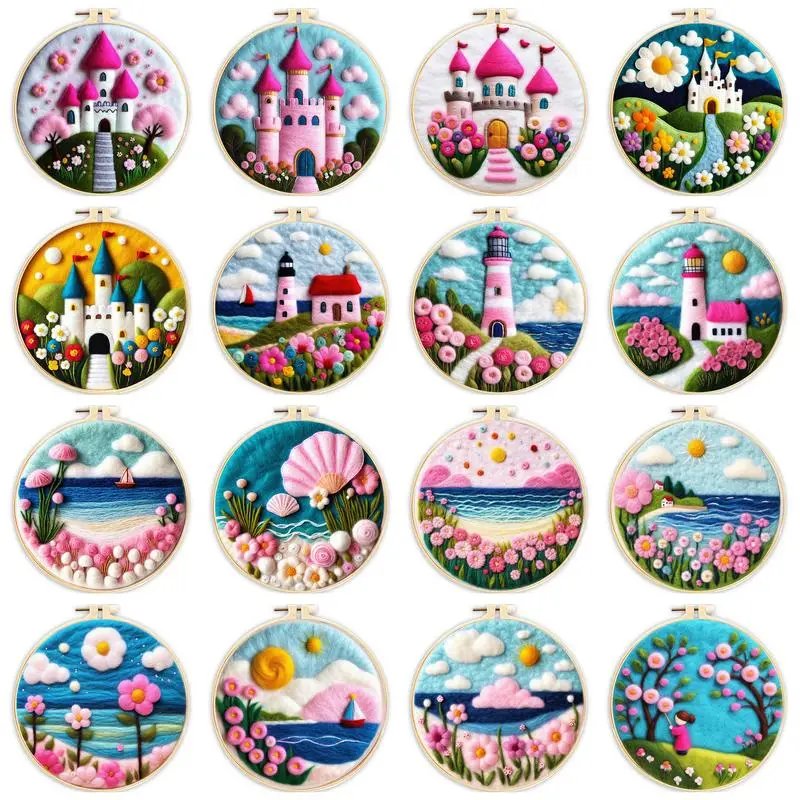 

Wool Felt Painting Pink Landscape Felting Castle Sea View Kits For Beginners Home Decor Gift Embroidery Starter Kit