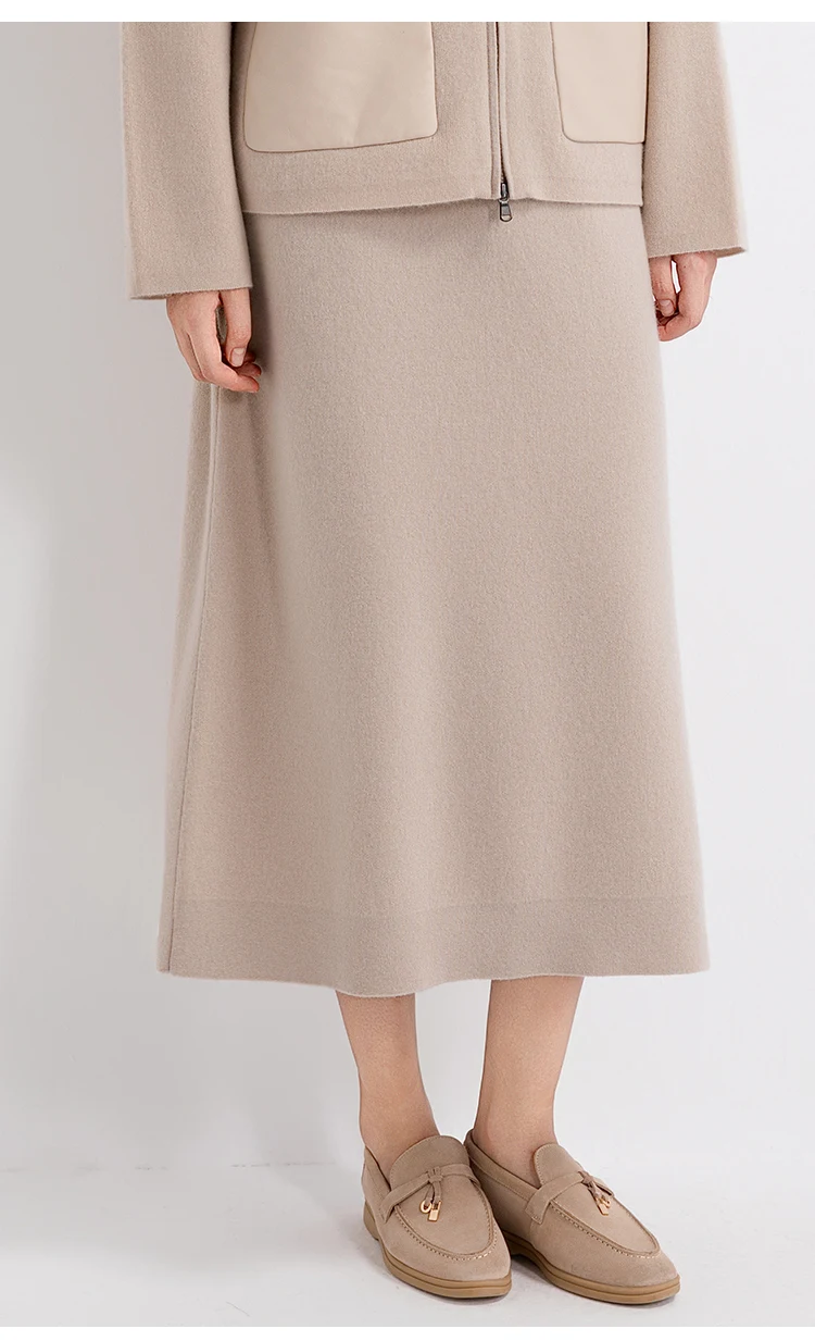 TY862151 Damen-Woll-Kaschmir-Mischung Midirock mit elastischem Bund, A-Linien-Strickrock, weicher Strick, entspannte Passform, LP Quiet Luxury Herbst – Detail 3