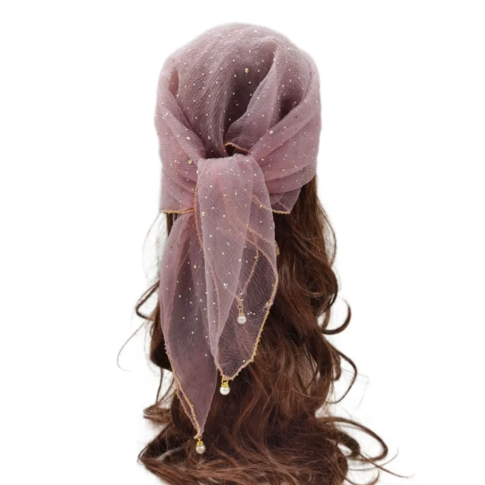 

Pearl Tassel Rhinestone Square Scarf Lace Trim Hair Wrap Full Sky Star Headwrap Breathable Fabric Solid Color