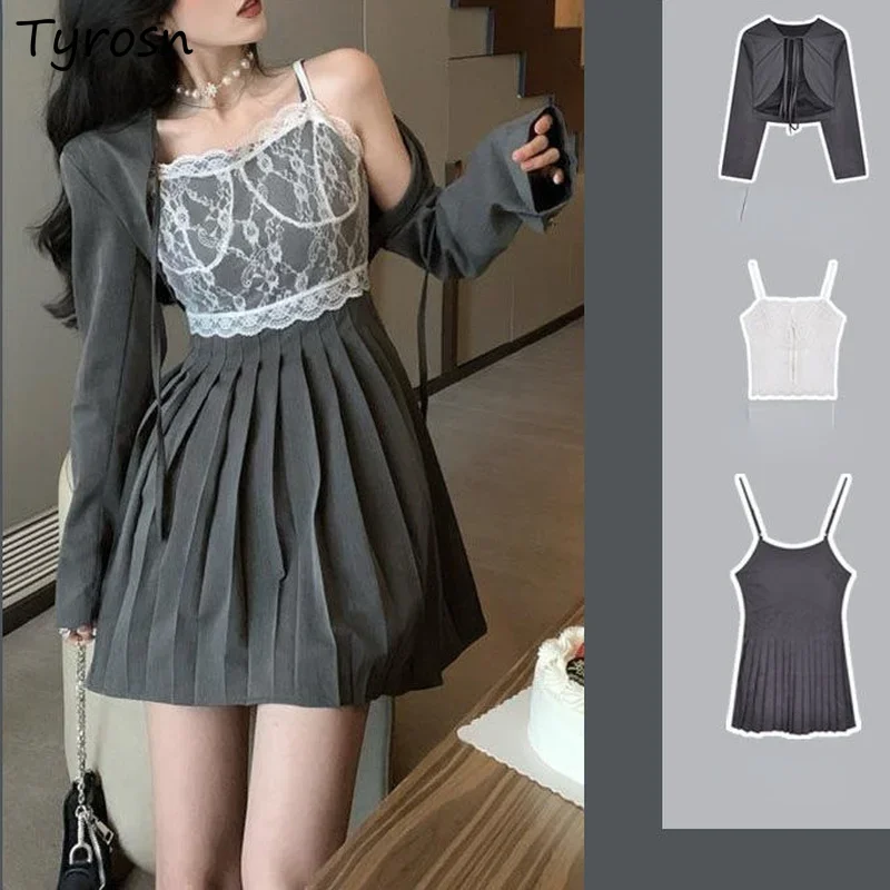 

Женские комплекты, укороченный блейзер, кружевные майки, мини-платье без рукавов, 3 шт., милый дизайн для девочек, однотонный сексуальный трапециевидный плиссированный стильный стройный