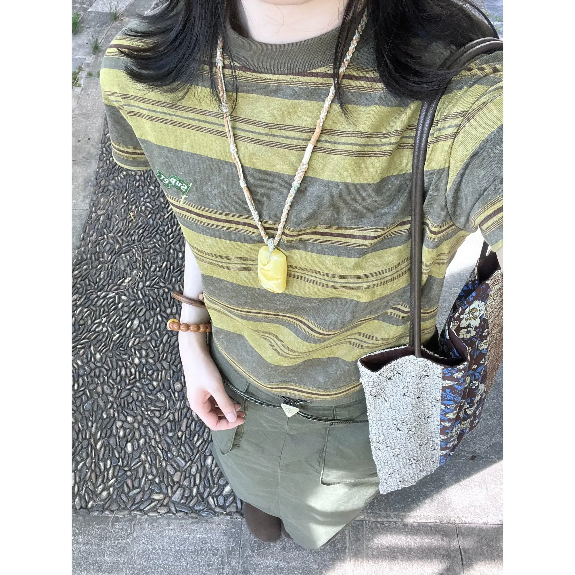 

Korean Stripe T-Shirt Women 2025 - Vintage Letter Embroidery Short Sleeve Tee, Y2K Oversized Casual Top, Summer Design Loose Fit