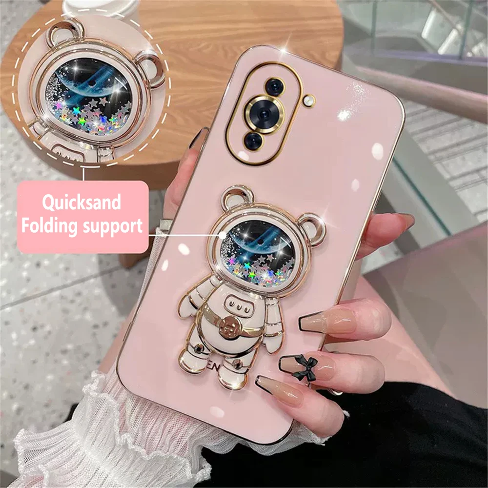 Nova 9 SE Case Quicksand Bear Astronaut Phone Case For Huawei Nova 9SE 8i 5t 3i 7SE 7 8 9 10 Pro Y70 Y90 Plating Kickstand Cover