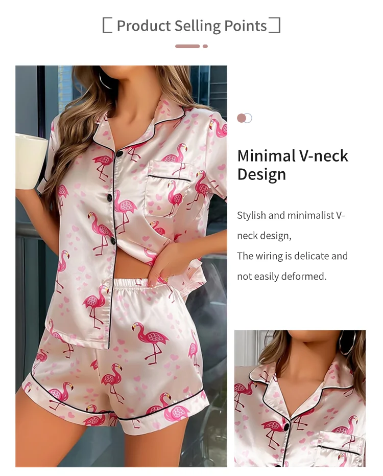 Damen-Pyjama-Set, Herz-Druck, Satin-Pyjama, lässig, kurzärmelig, Reverskragen, Oberteile und Hosen, Nachtwäsche und Loungewear für Erwachsene – Detail 13
