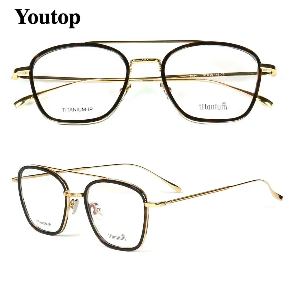 

Business Men Pure Titanium Eyeglass Frames for Men Square Metal Optical Glasses Frames Light Vintage Double Bridge Eyewear Gold