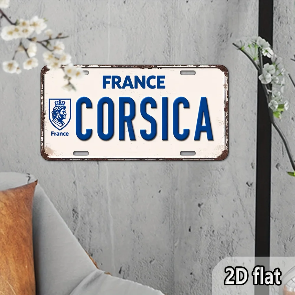 France Corsica Emblem 2D Flat Printing Retro License Plate Style Metal Tin Sign, French Coastal Themed Decorative Aluminum Sign